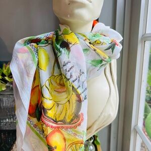 Vibrant Yellow and White Silk Scarf with Citrus Design
